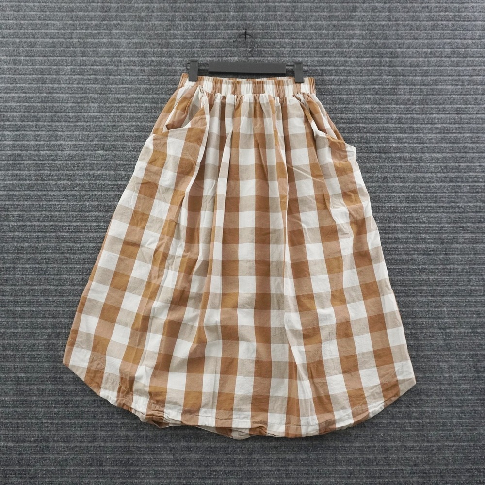 Anthropologie Whit Two Gingham Midi Skirt Womens XS Tan White Elastic Waist
